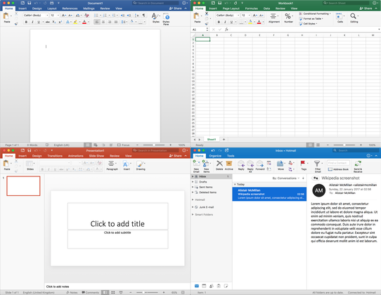 Microsoft Office 2016 for Mac applications (Word 2016, Excel 2016, Outlook 2016, and PowerPoint 2016)