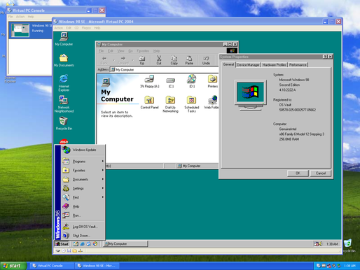 Windows 98 SE running in Microsoft Virtual PC 2004