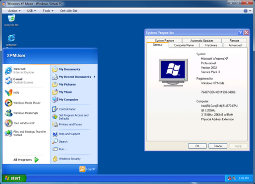 Windows XP Mode running in Windows Virtual PC